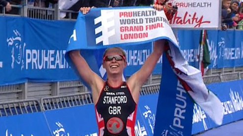Non Stanford Celebrates winning the ITU Triathlon Final in London in September (Photo: bbc.co.uk)
